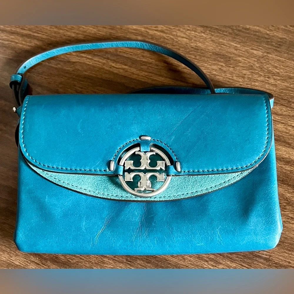 Tory Burch Turquoise Blue Leather and Suede ‘Miller’ Wallet-on-Chain Crossbody